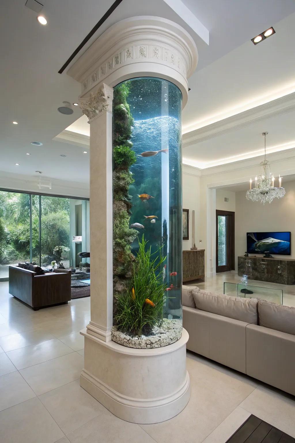 A tall aquarium serving as an architectural column in a modern space.