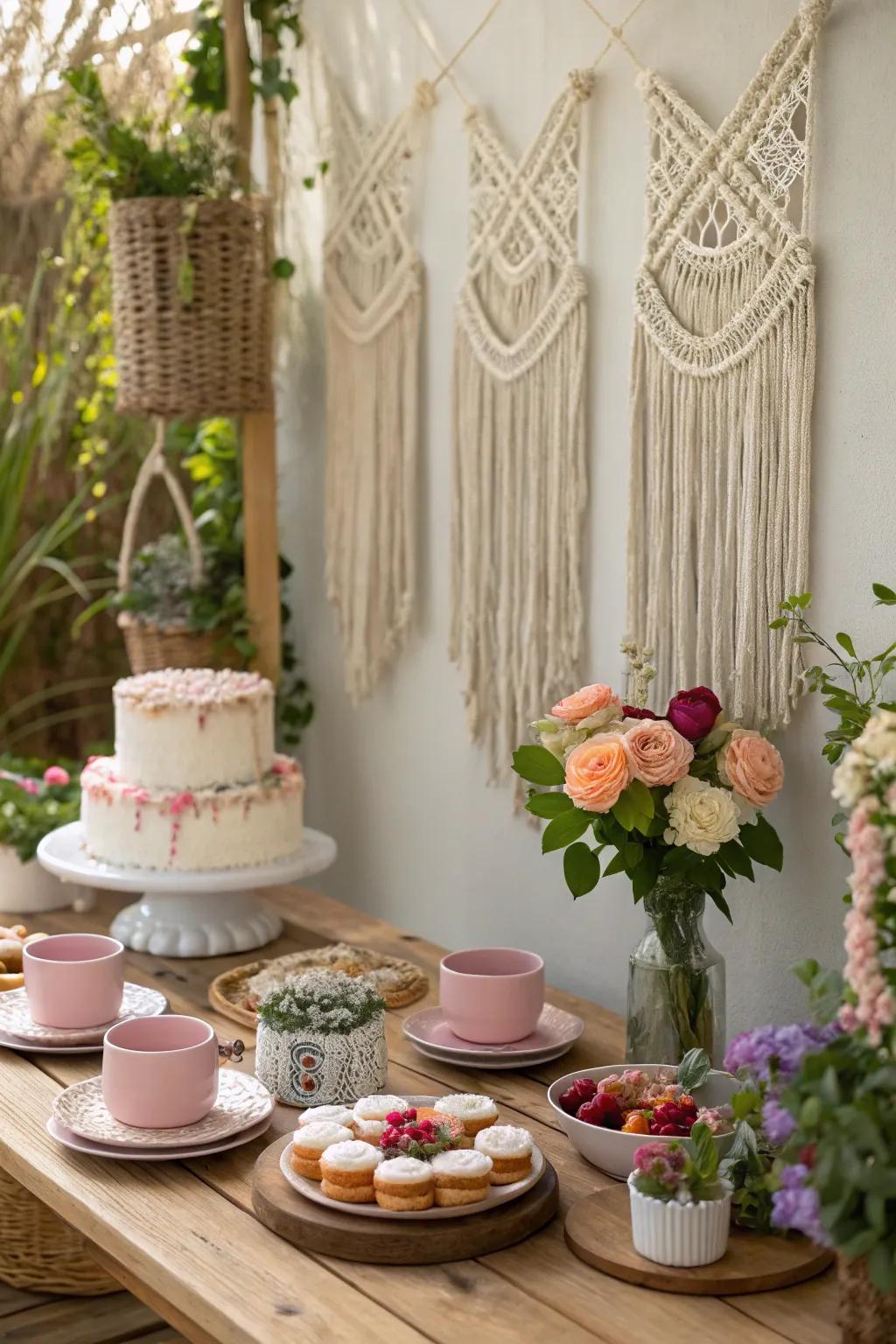 Macrame decor adds a bohemian flair to the tea party setup.