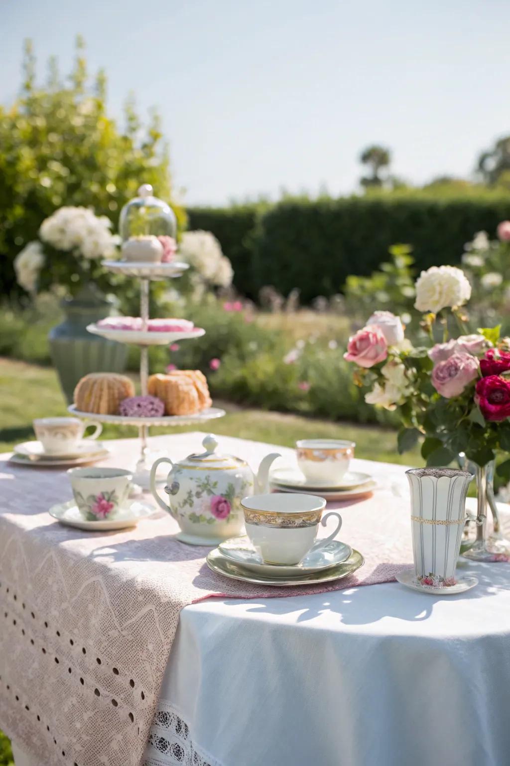 A charming tea party setup with coordinated elements.