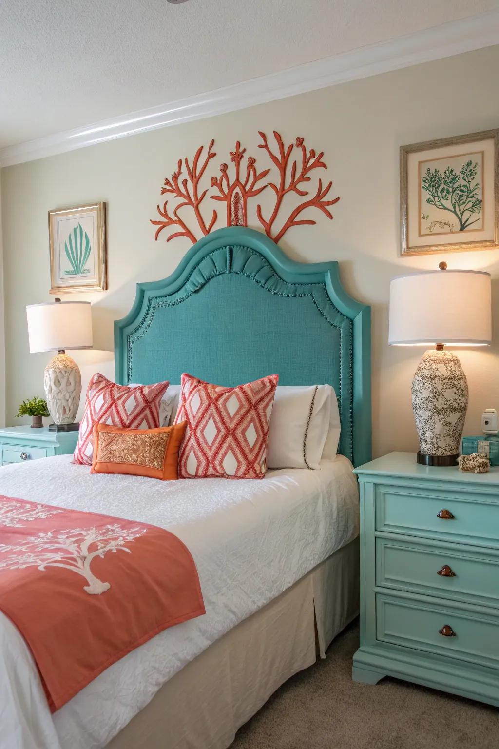 Teal headboard with coral details making a bold statement.