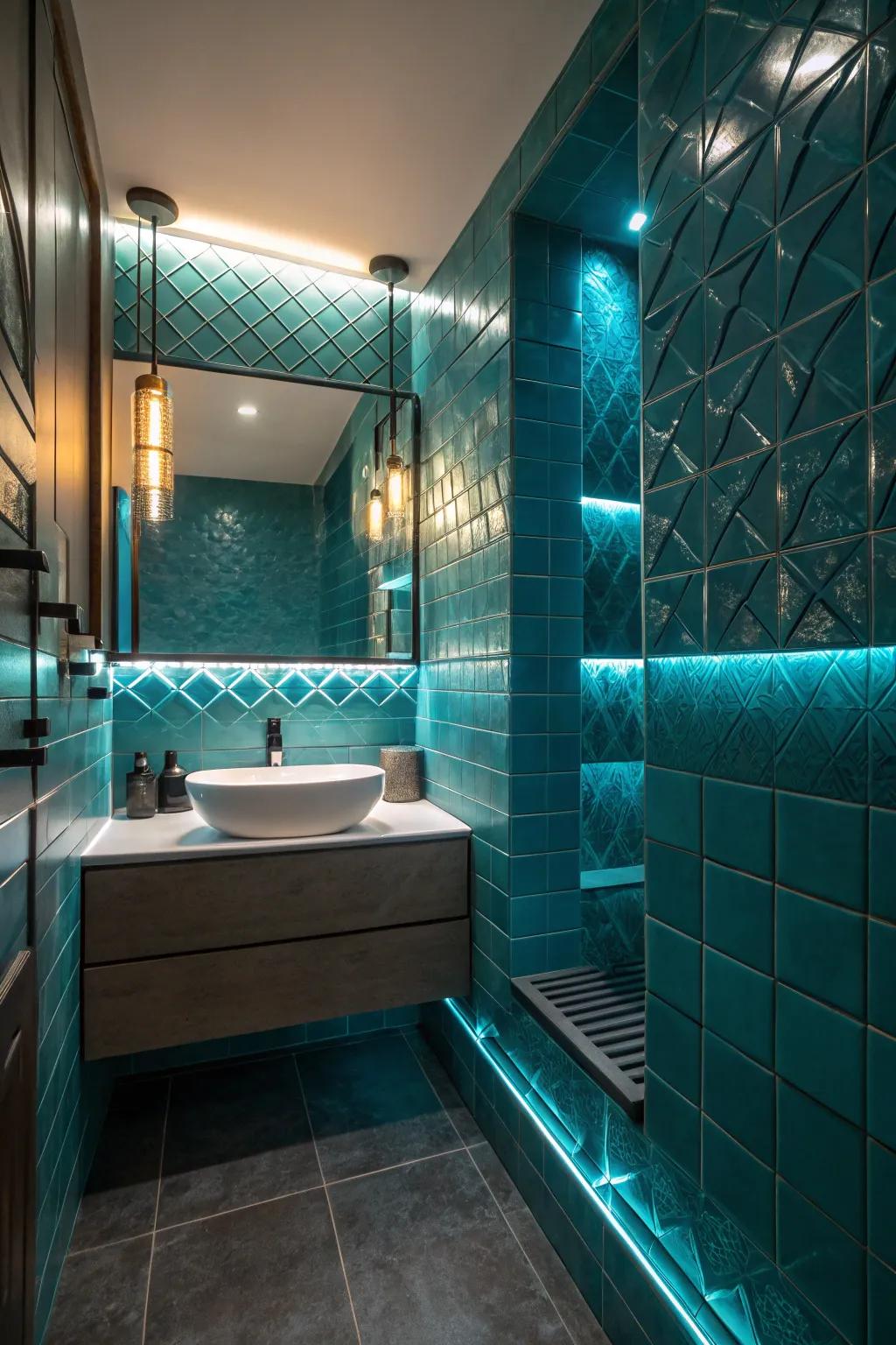 Lighting can enhance the texture and depth of teal tiles.
