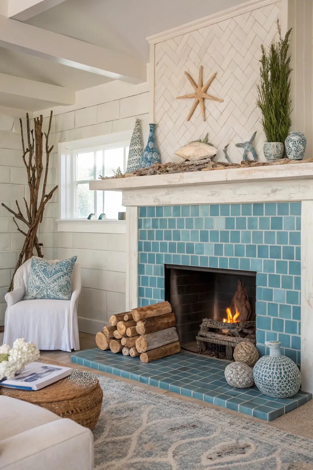 Cool blue tiles bring a relaxed coastal vibe indoors.