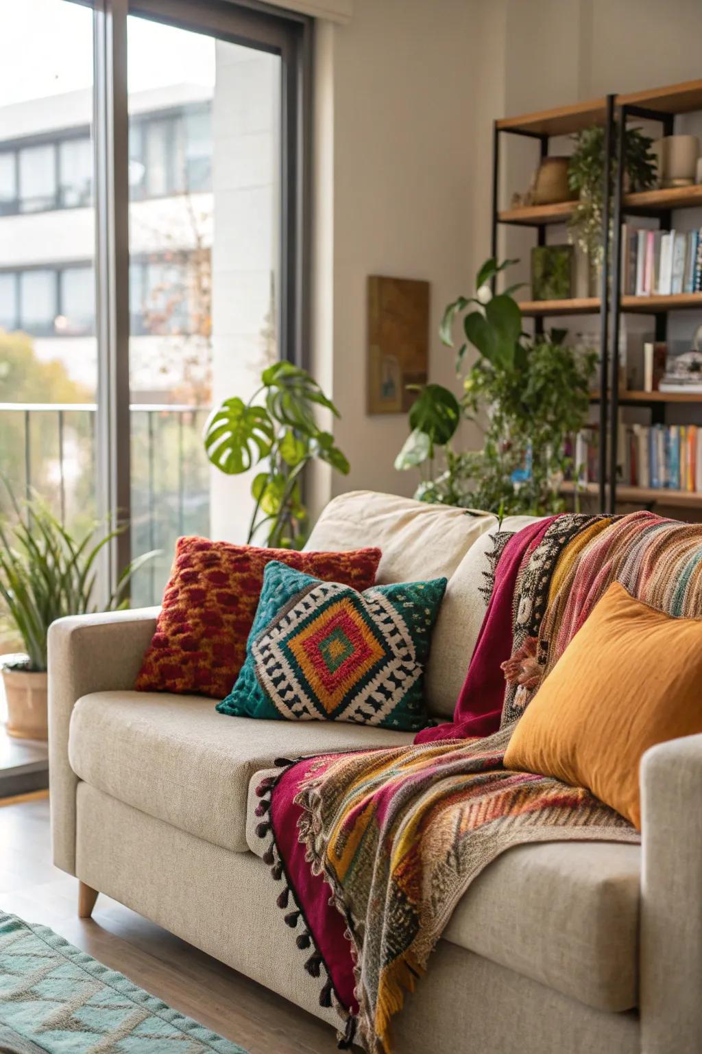 Sofa with colorful pillows and throws