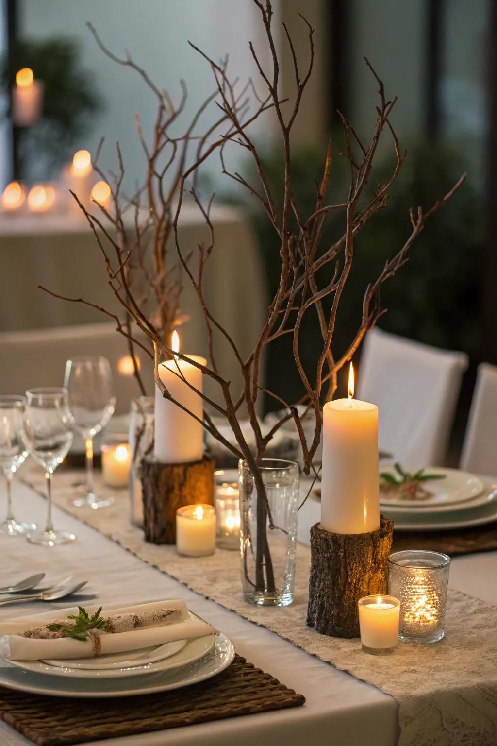 Branch candleholders for a cozy dinner setting.