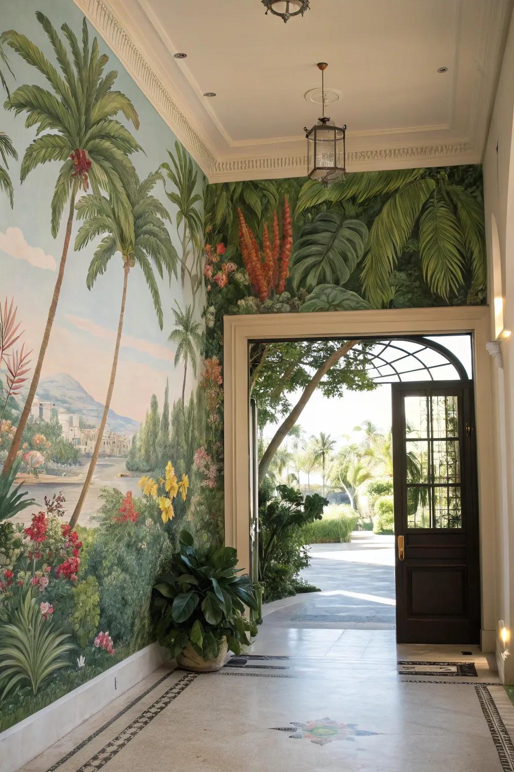 A wall mural creates a stunning visual focal point in your entryway.