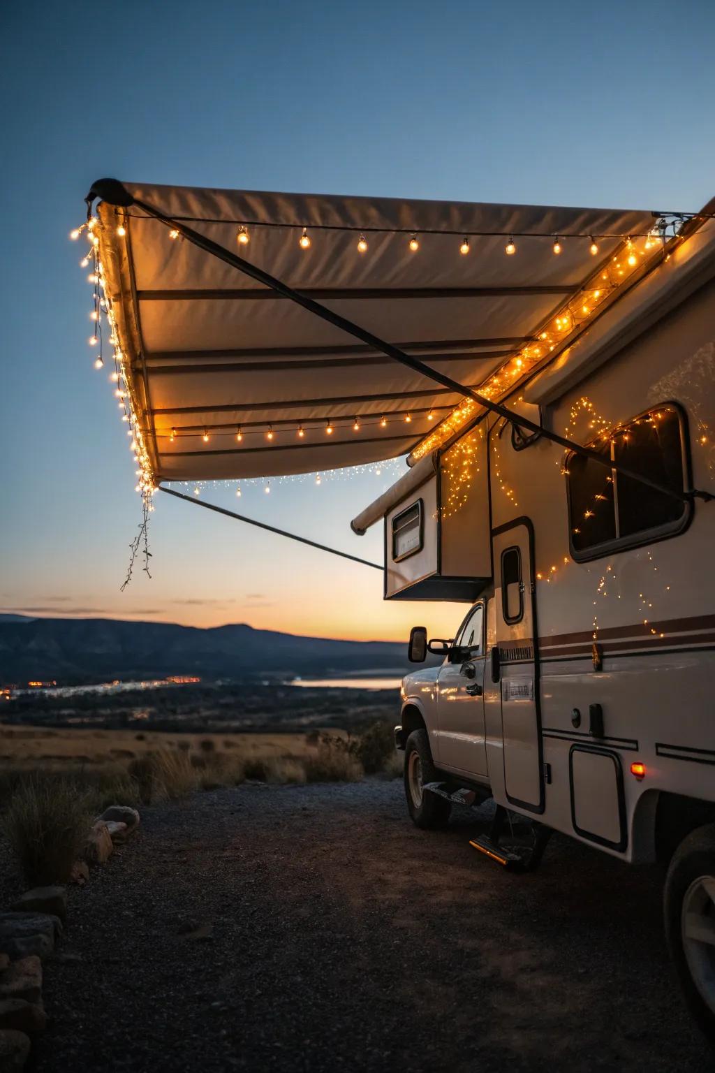 LED lights creating a magical ambiance under the awning.