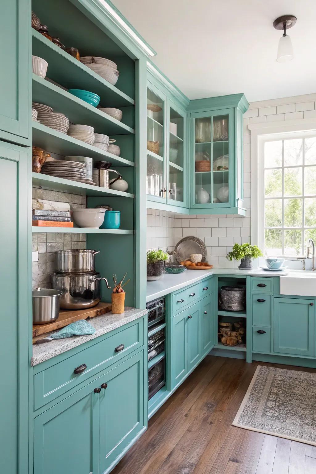 Open shelving adding functionality to a turquoise kitchen design.