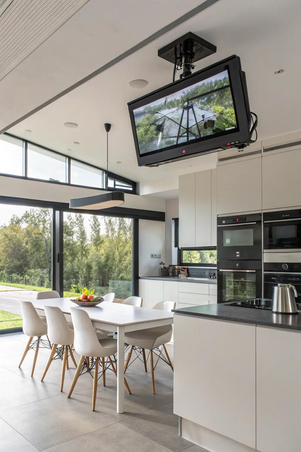 A ceiling-mounted TV in the kitchen, offering flexible viewing angles.