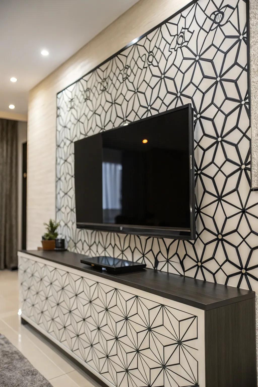 Geometric patterns add a modern flair to this TV wall.