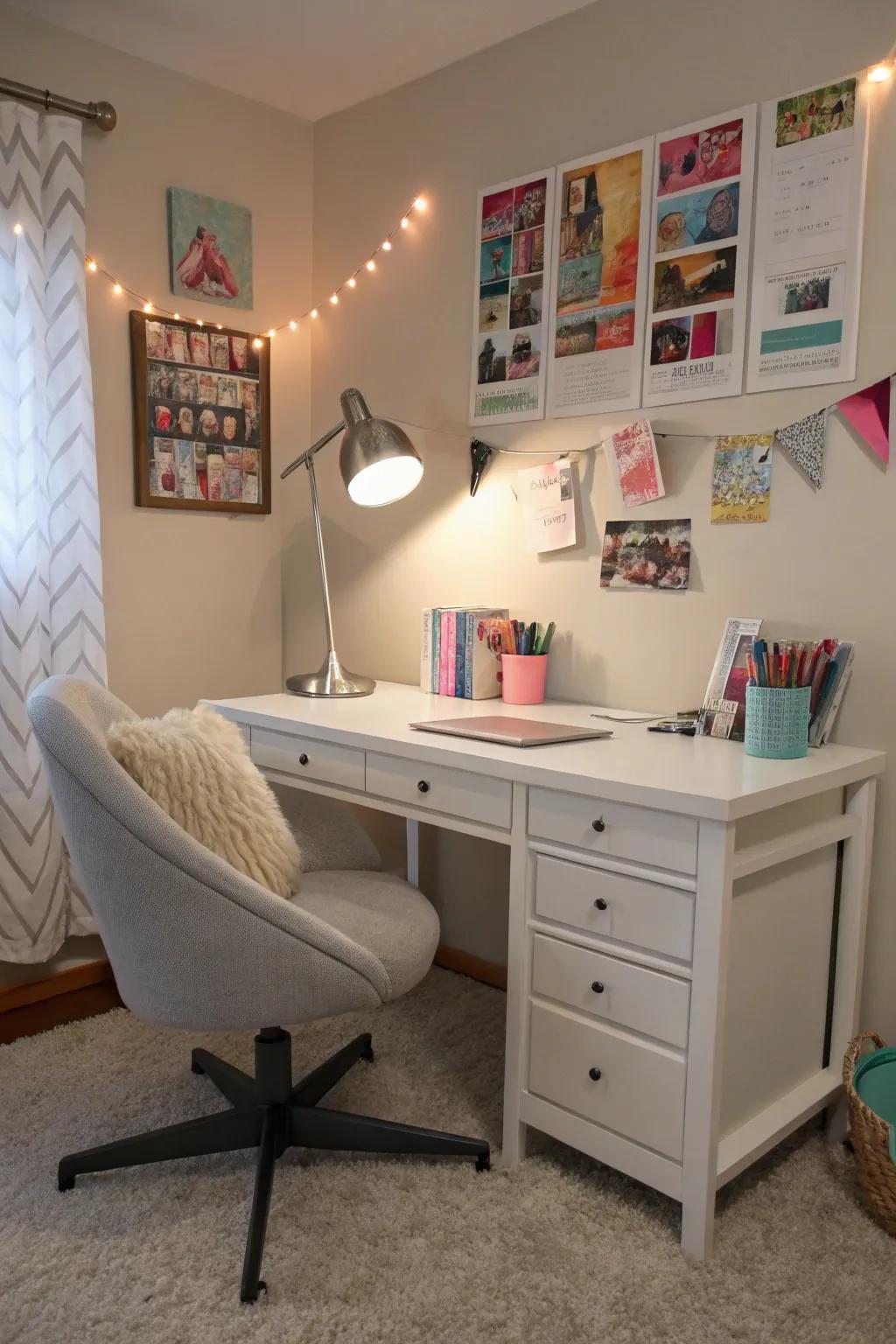 Productive study area with a modern desk and task lamp.