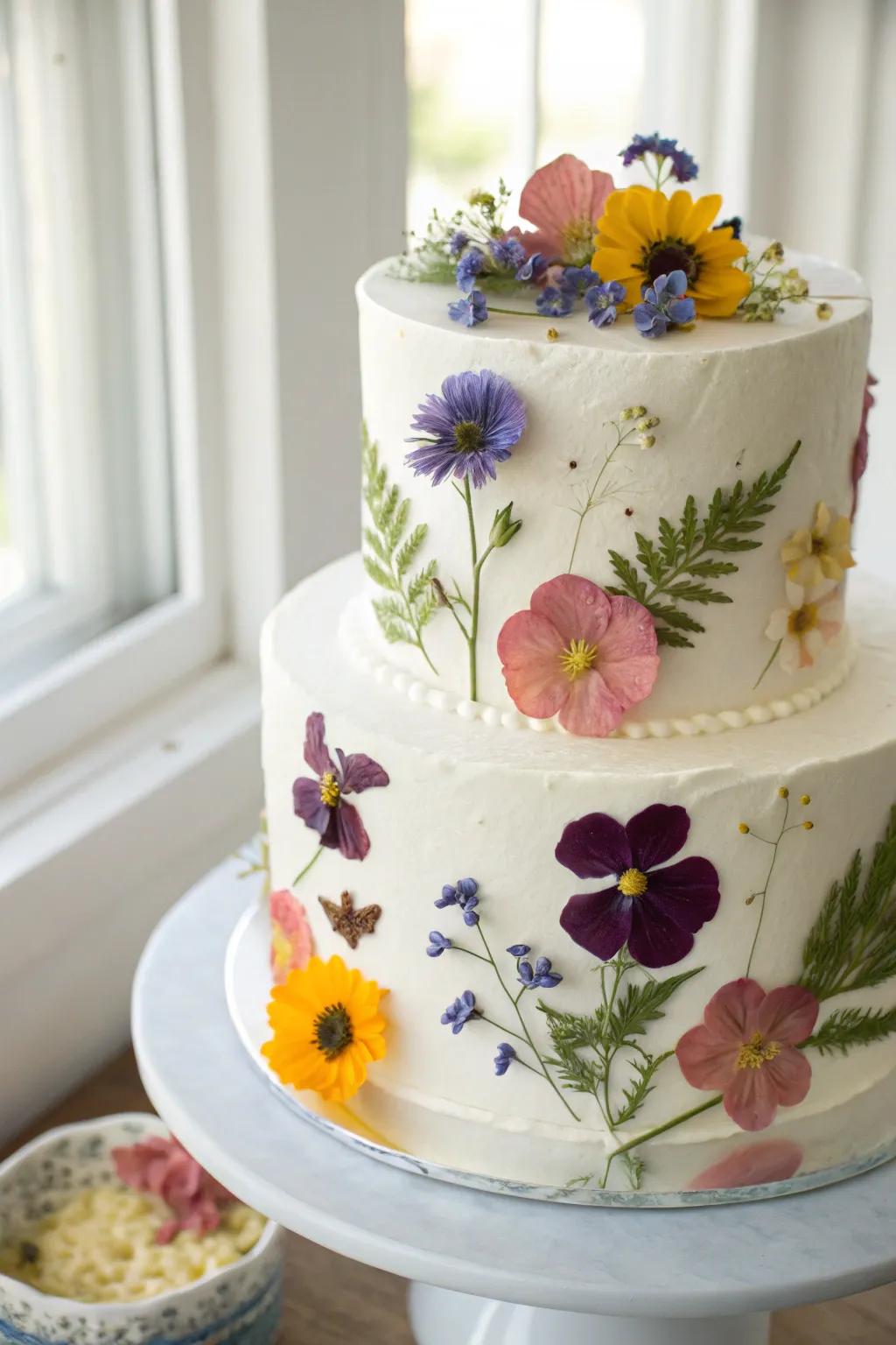 A cake with pressed flower design for a botanical look.