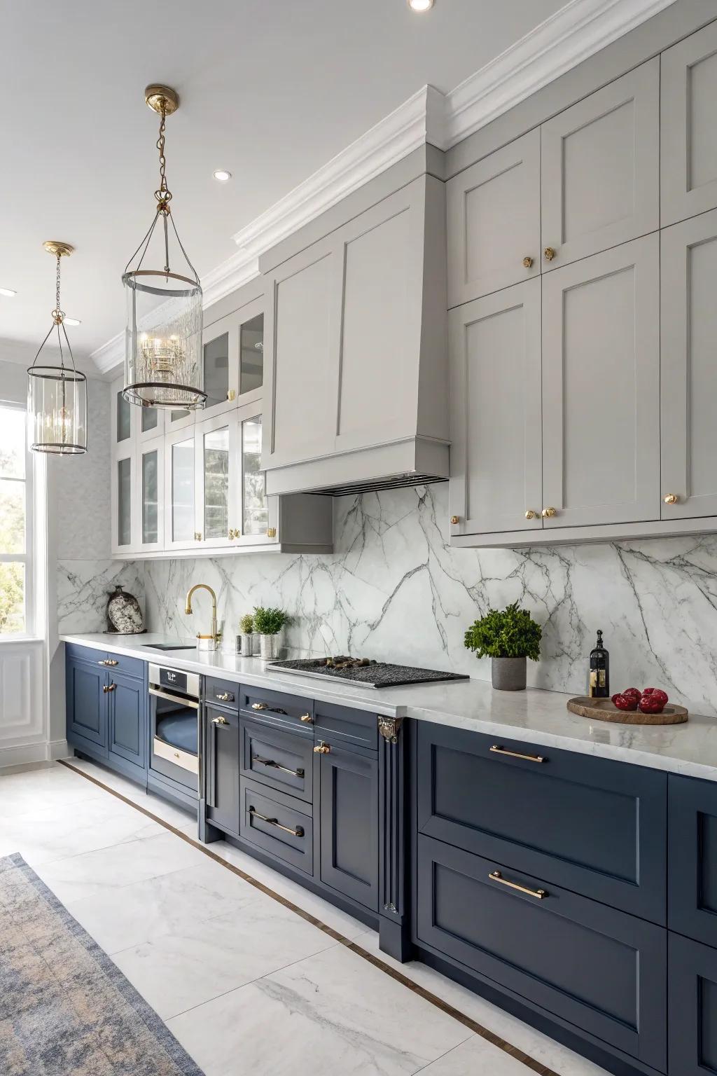 An elegant gray and navy kitchen that exudes sophistication.