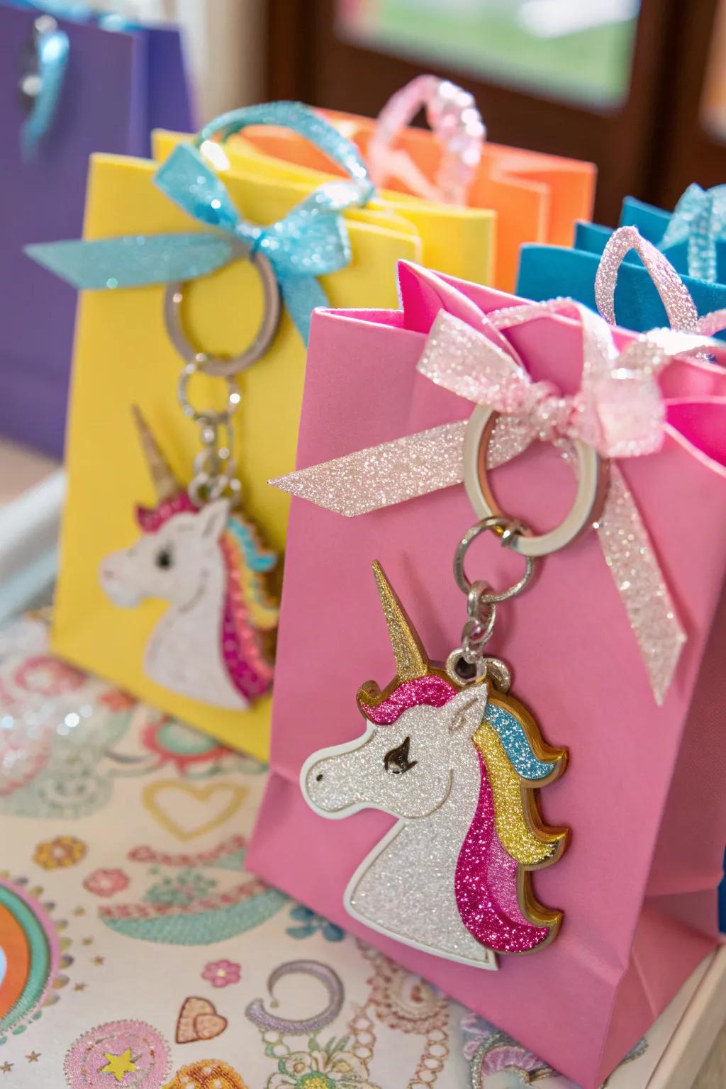 Sparkly unicorn keychains adding a touch of glamour.