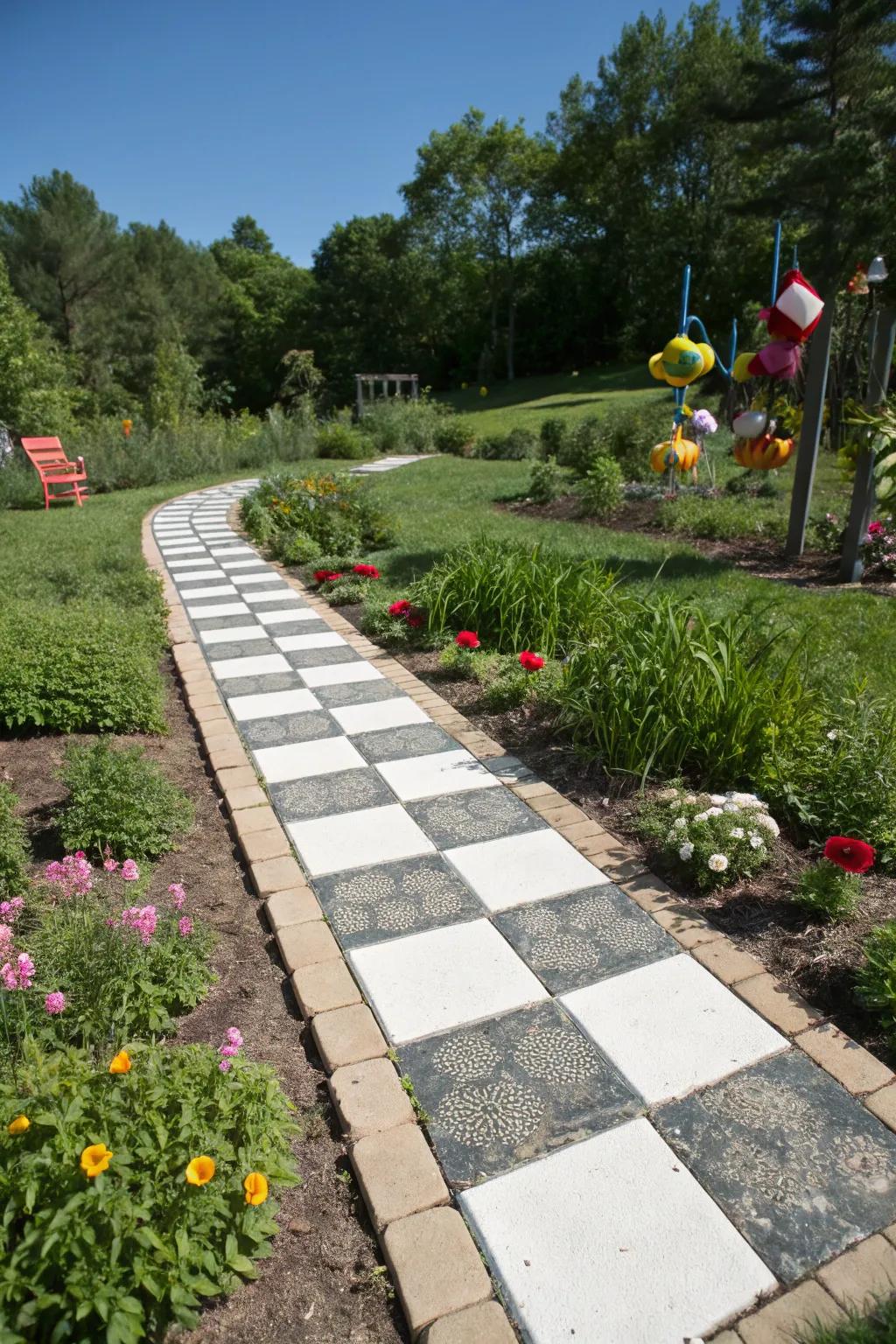 Checkerboard paths bring a playful and dynamic pattern to garden design.