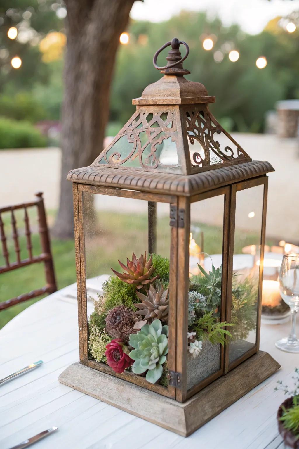 A vintage lantern becomes a magical succulent garden.