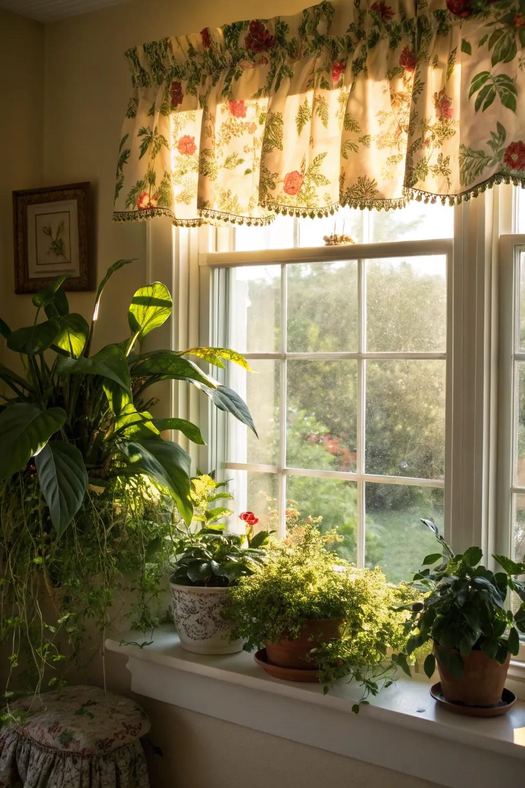 A window with a floral valance in a sunny, plant-filled room.