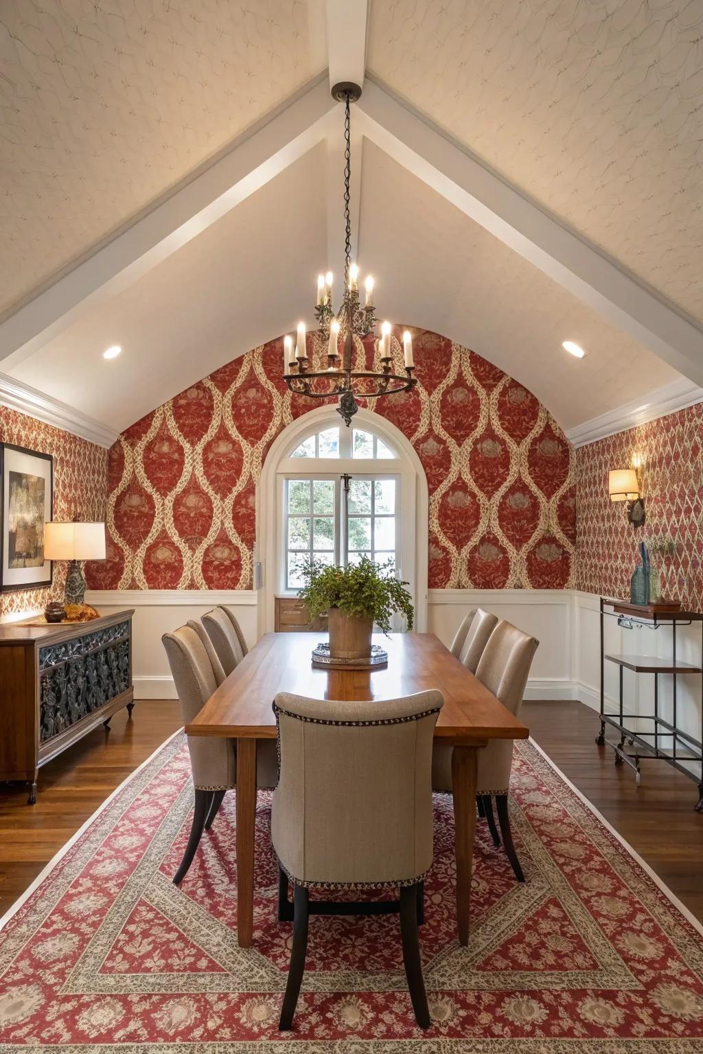 Dining room with vaulted ceiling and bold wallpaper accent wall