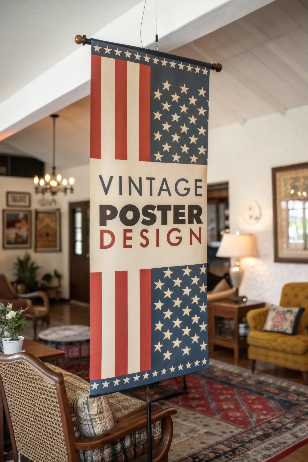 A vintage poster banner adds nostalgic charm to a retro living room.