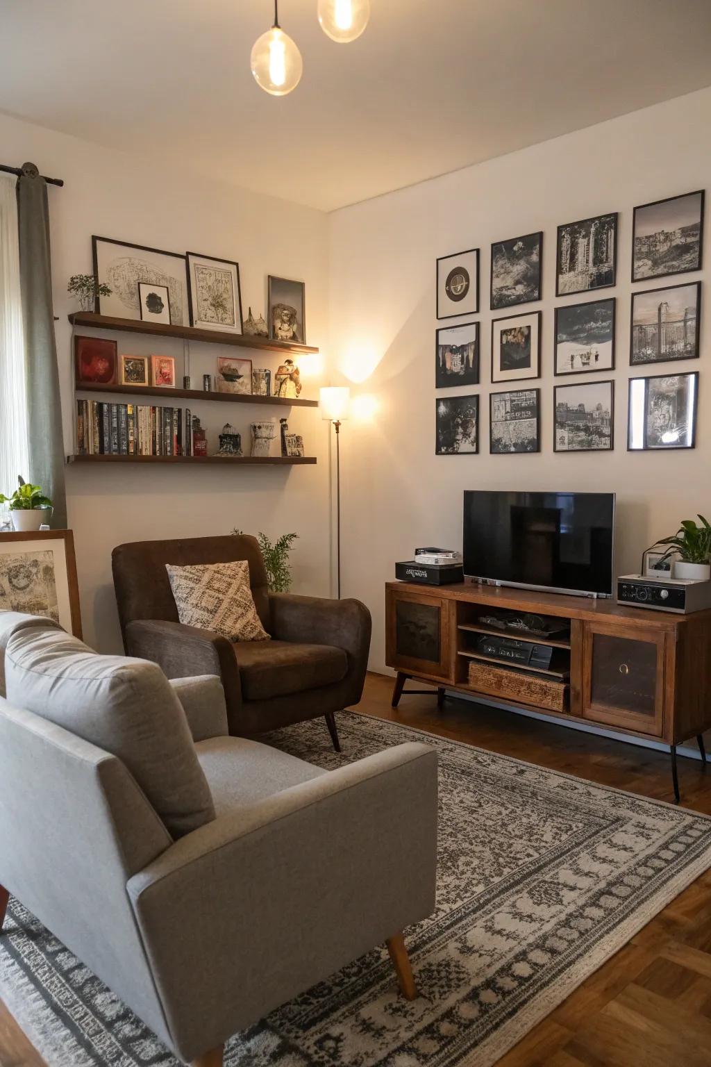 A living room showcasing a mix of vintage and modern decor elements.