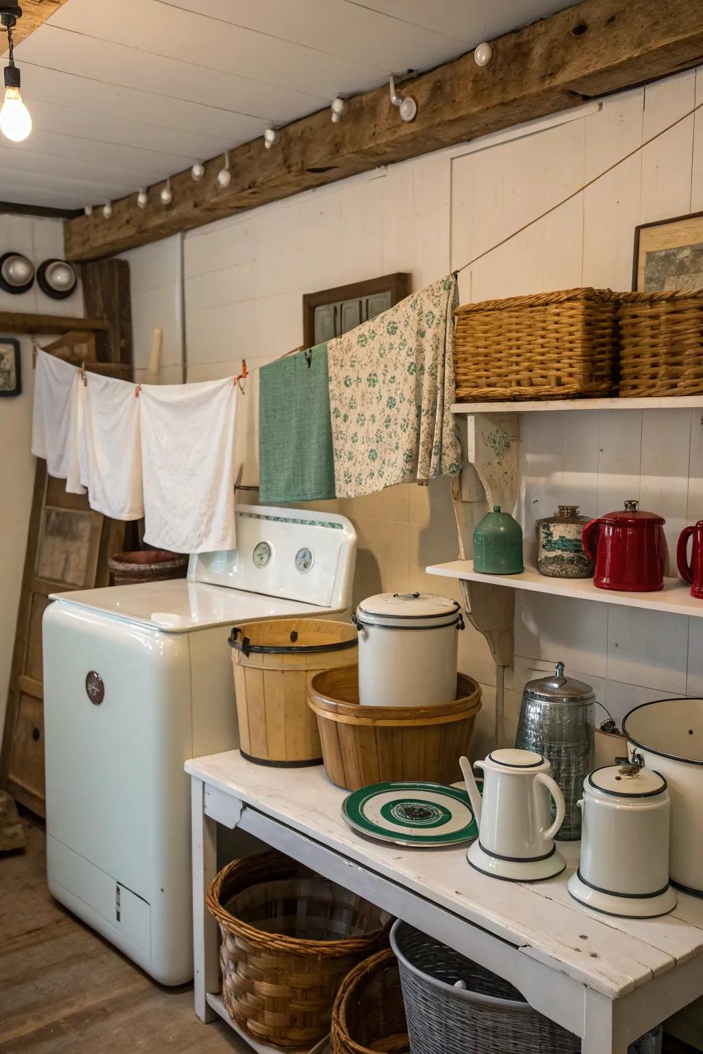 Charming enamelware pieces that enhance the vintage theme.