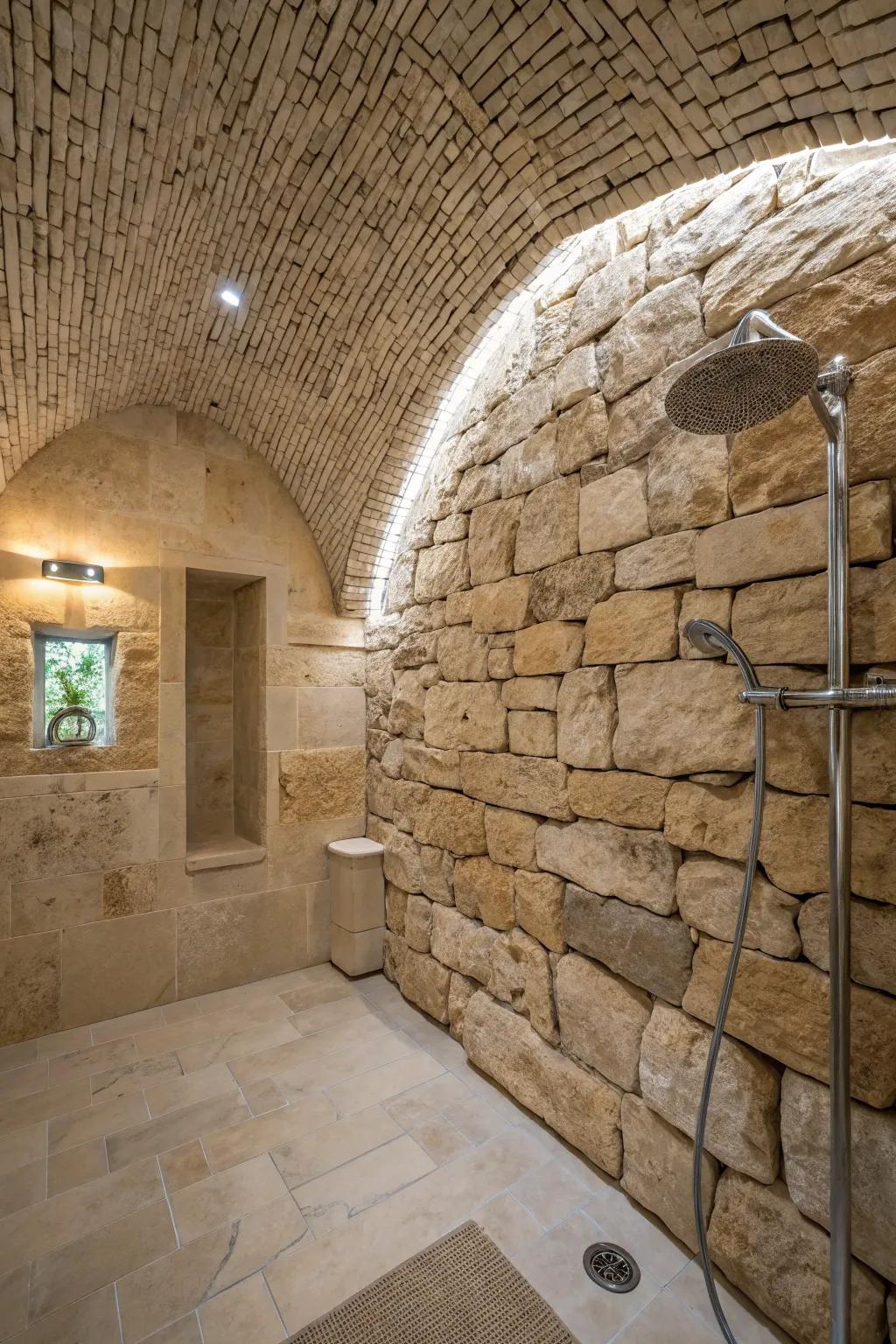 Shower with curved ceiling and stone textures.