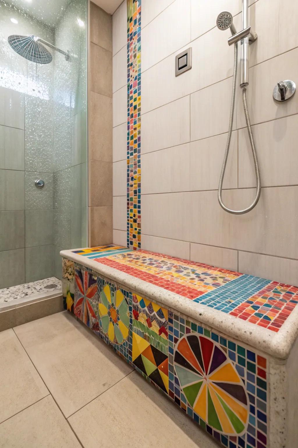 A colorful mosaic tile bench adds a playful and unique touch to the shower.