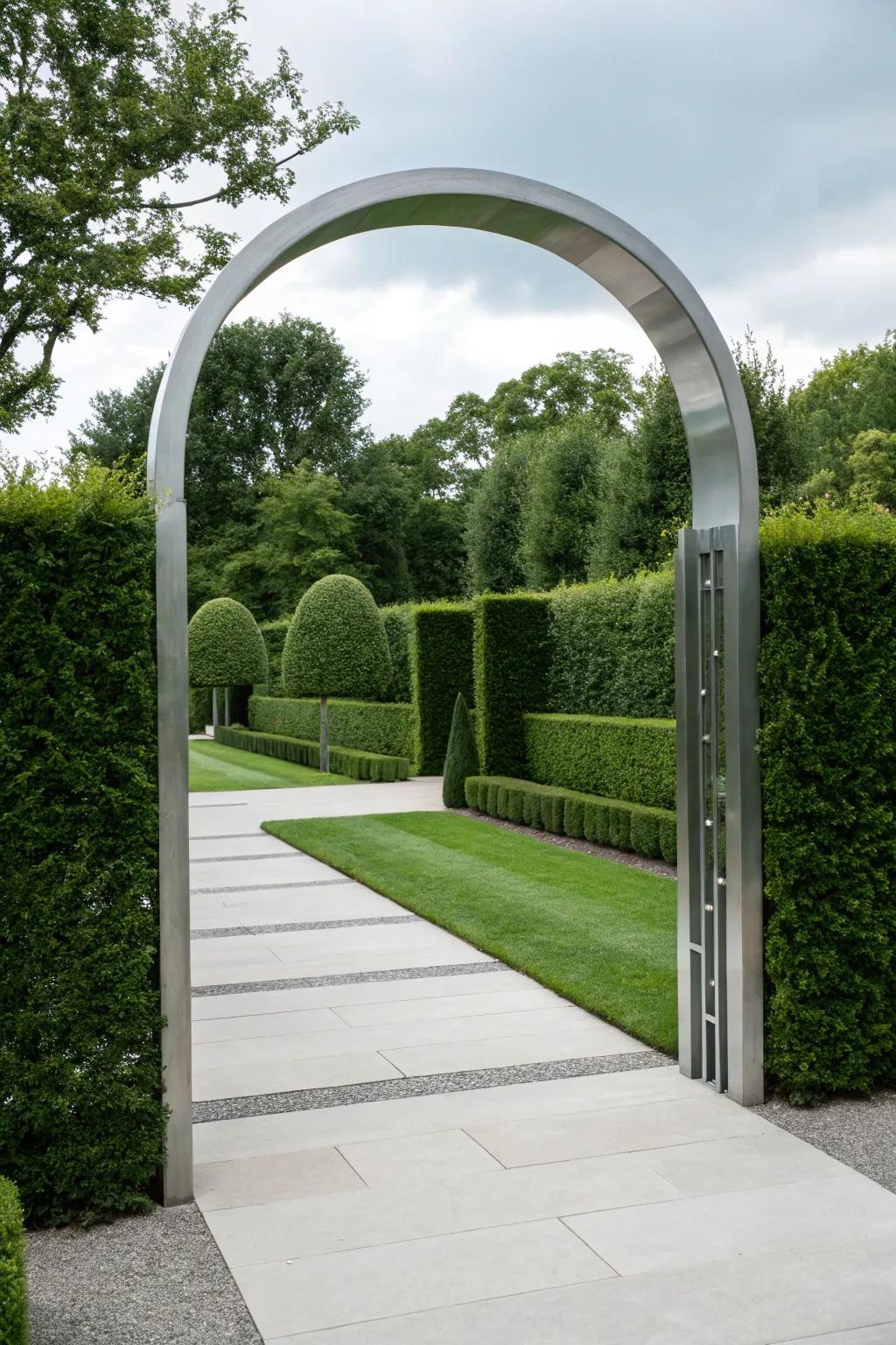 Minimalist arches offer sleek elegance in modern garden designs.