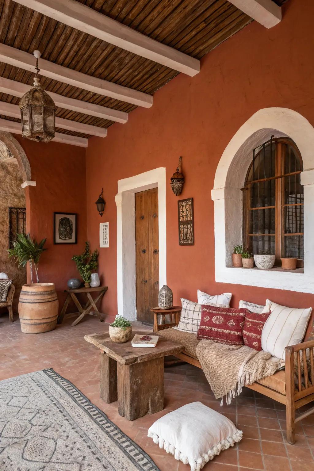 Warmth and comfort with terracotta walls and white trim.