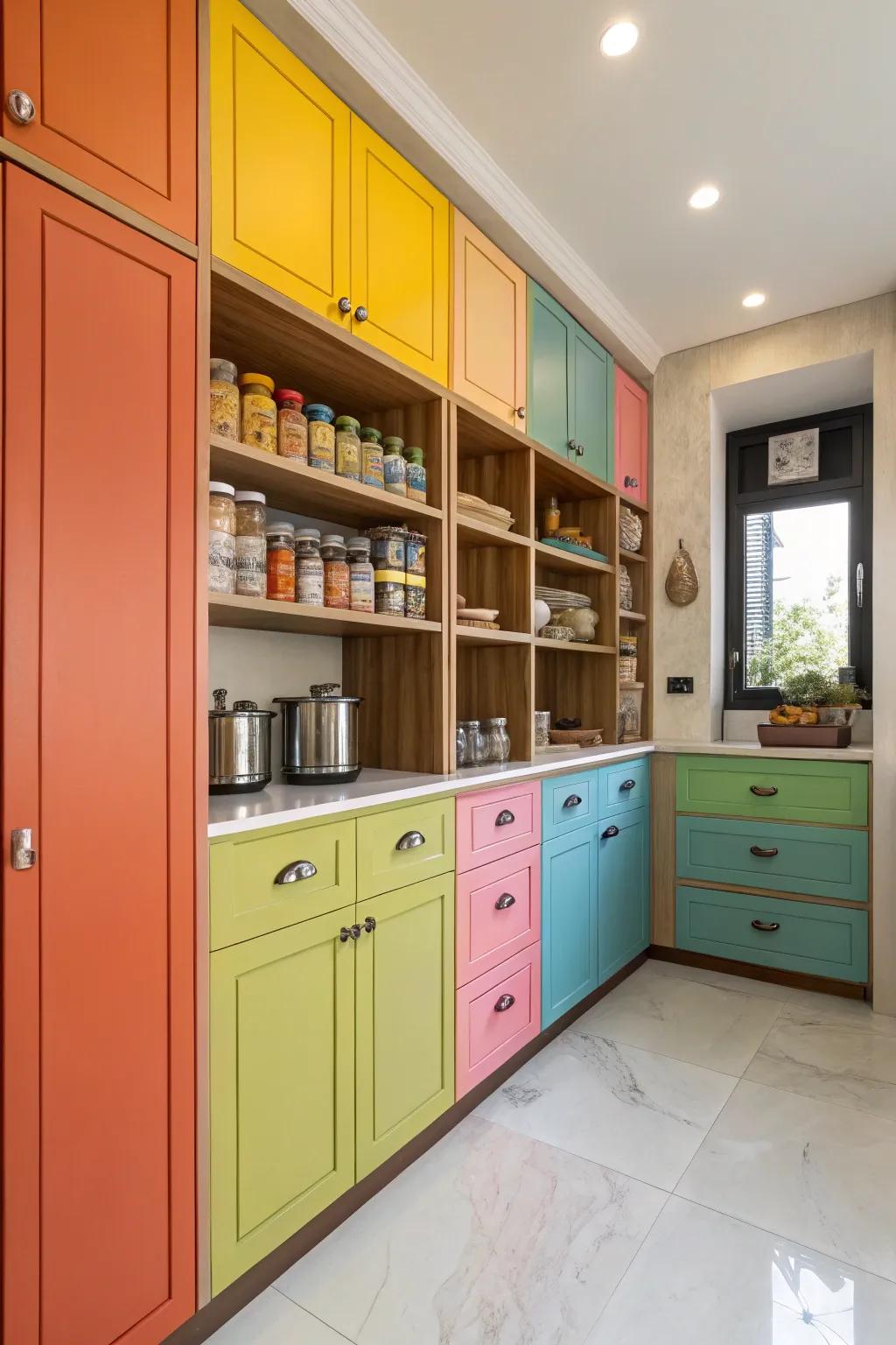 Colorful cabinetry making a bold pantry statement.