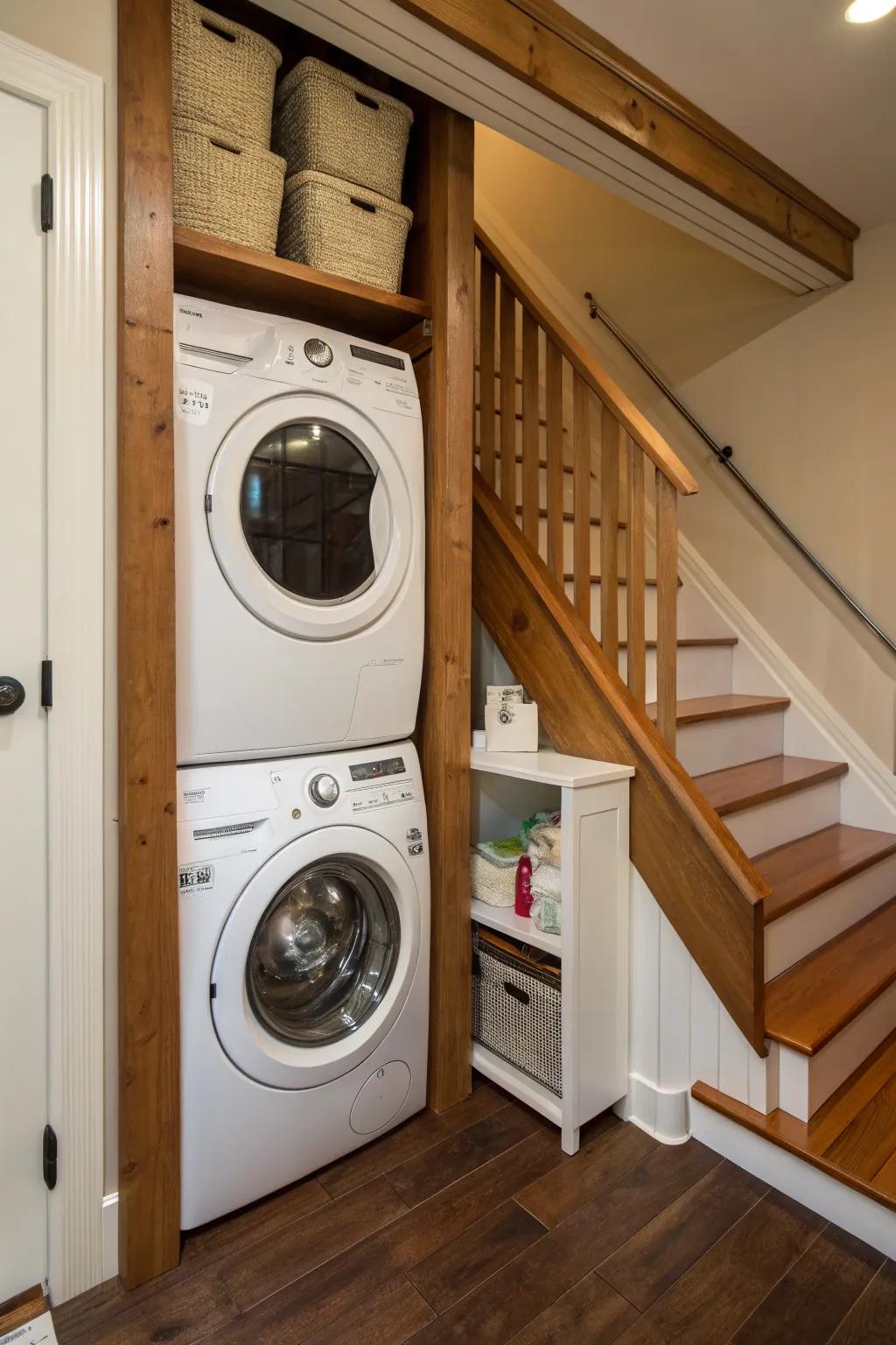 A compact laundry area under the stairs maximizes functionality.