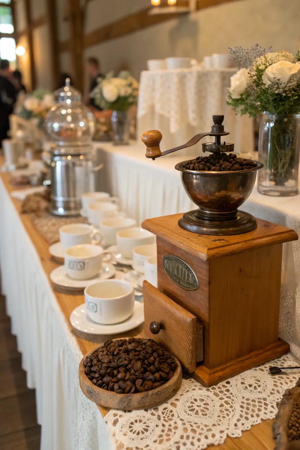 A vintage coffee grinder display at a wedding coffee bar.