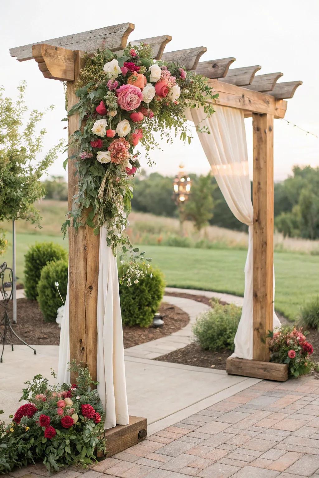 A DIY ceremony arch crafted from reclaimed wood and adorned with lush florals.