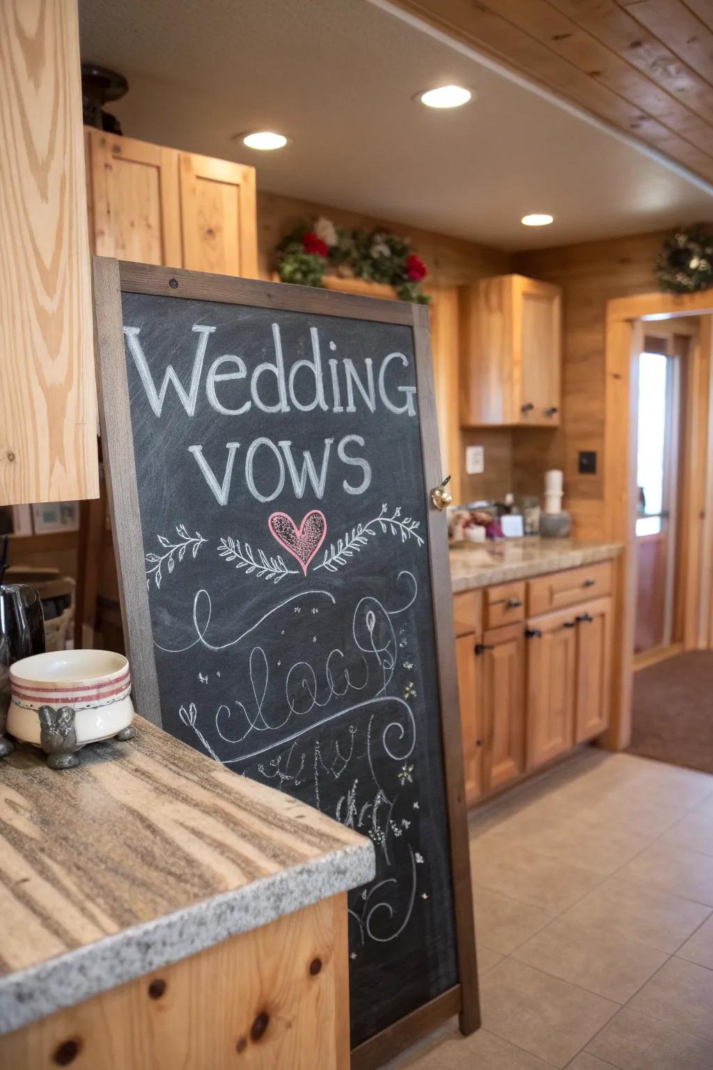 DIY charm with chalkboard vows in a rustic kitchen.