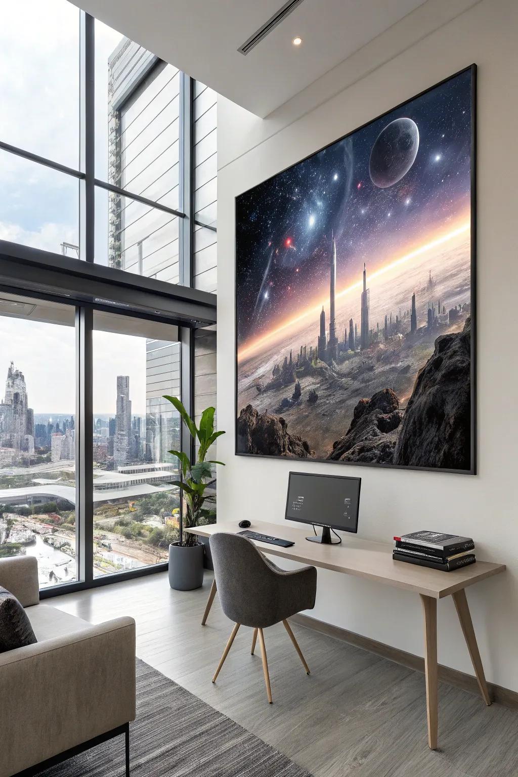 A futuristic sci-fi painting setting a cutting-edge tone in a home office.