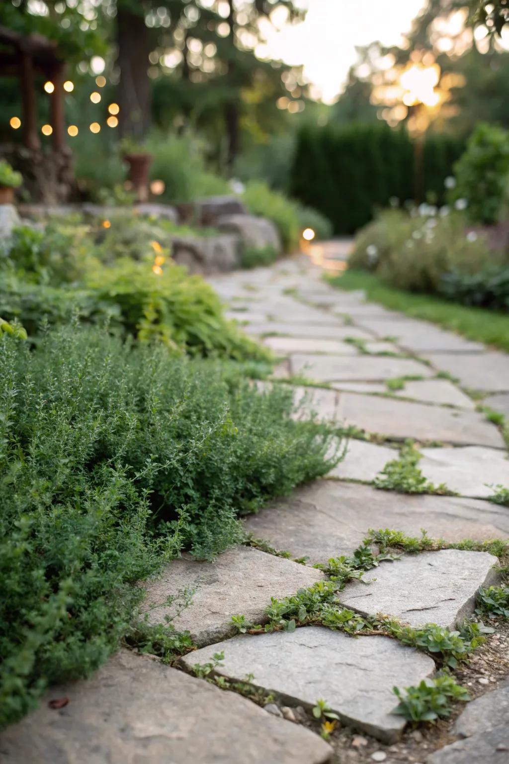 Creeping herbs provide fragrance and beauty to flagstone paths.