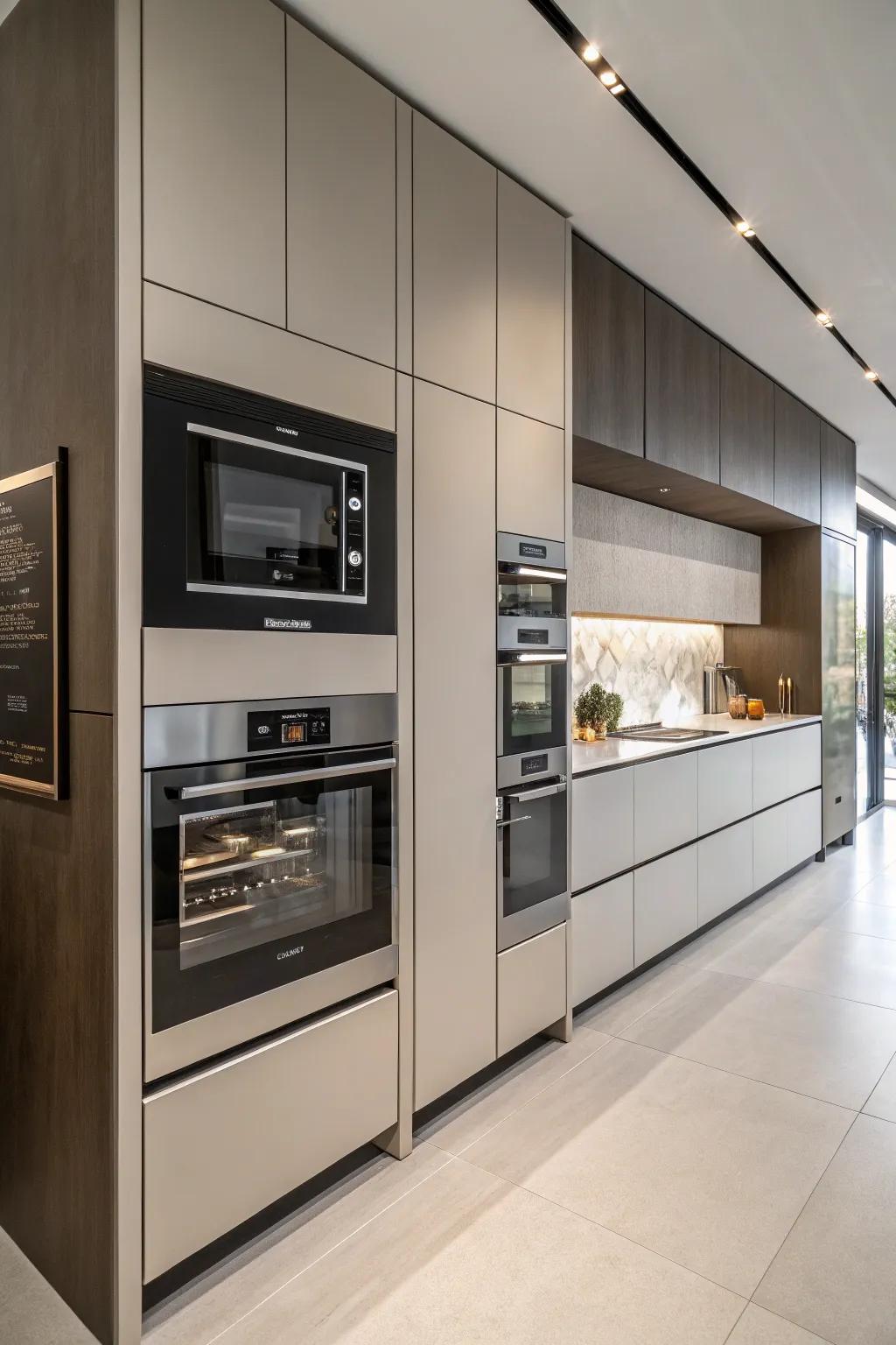 An appliance wall with an integrated microwave creates a sleek and cohesive kitchen.