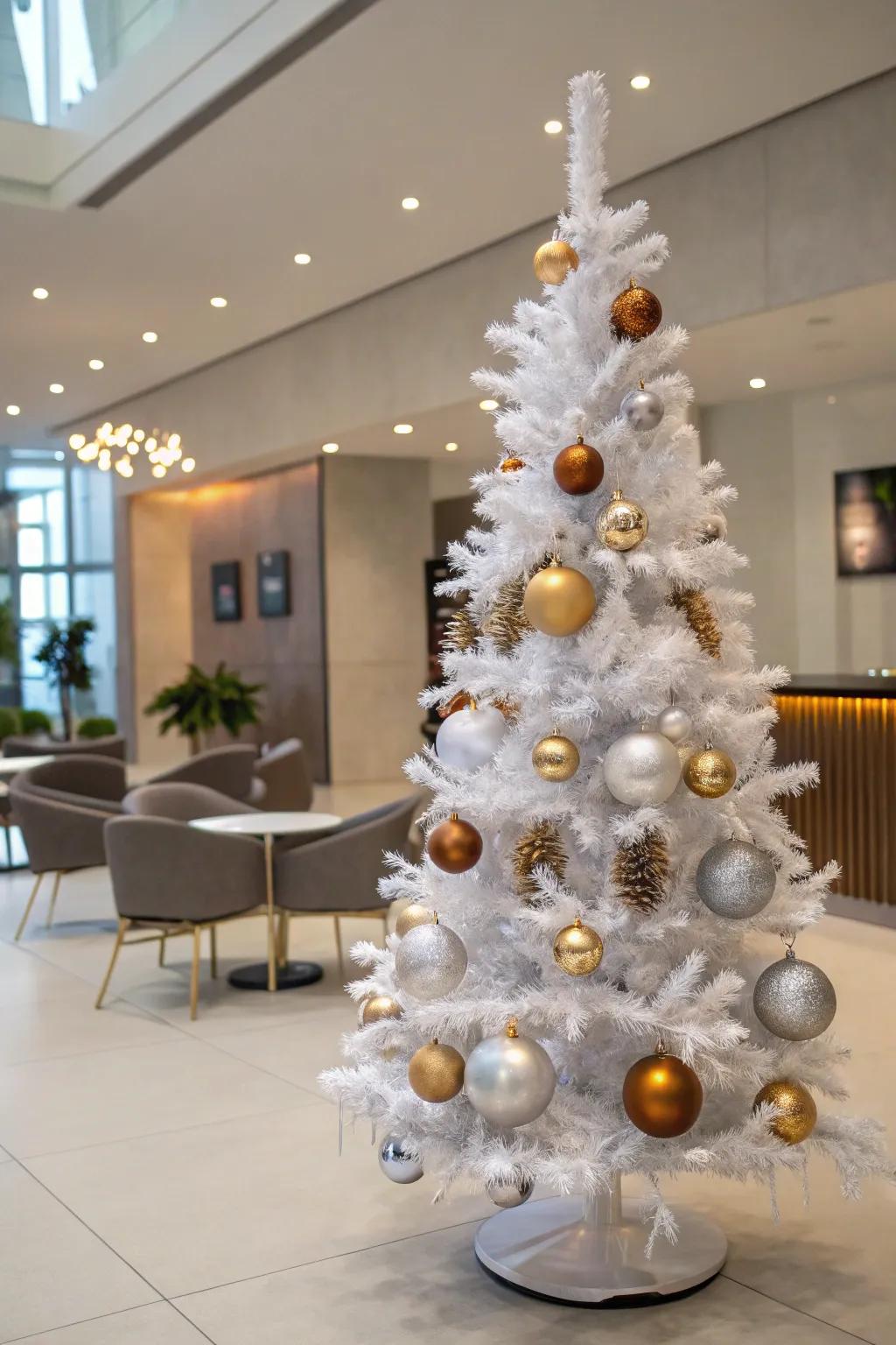 A modern metallic-themed white pencil tree with mixed metal decorations.