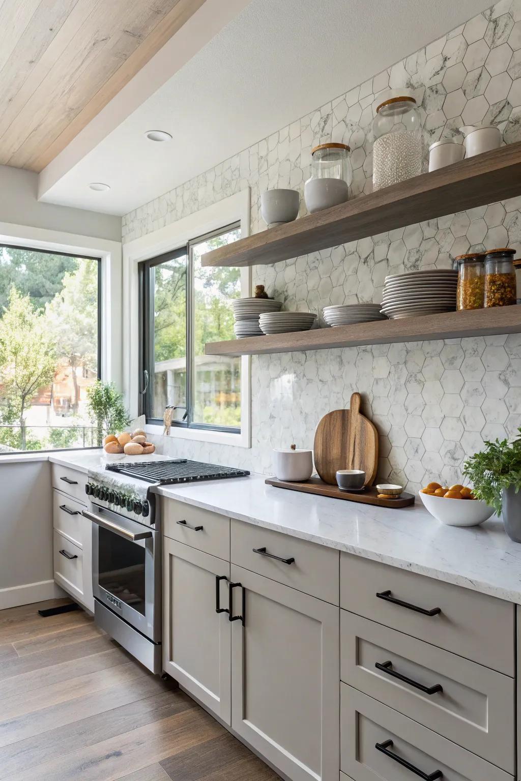 Quartz backsplash complemented by open shelving for a personalized touch.