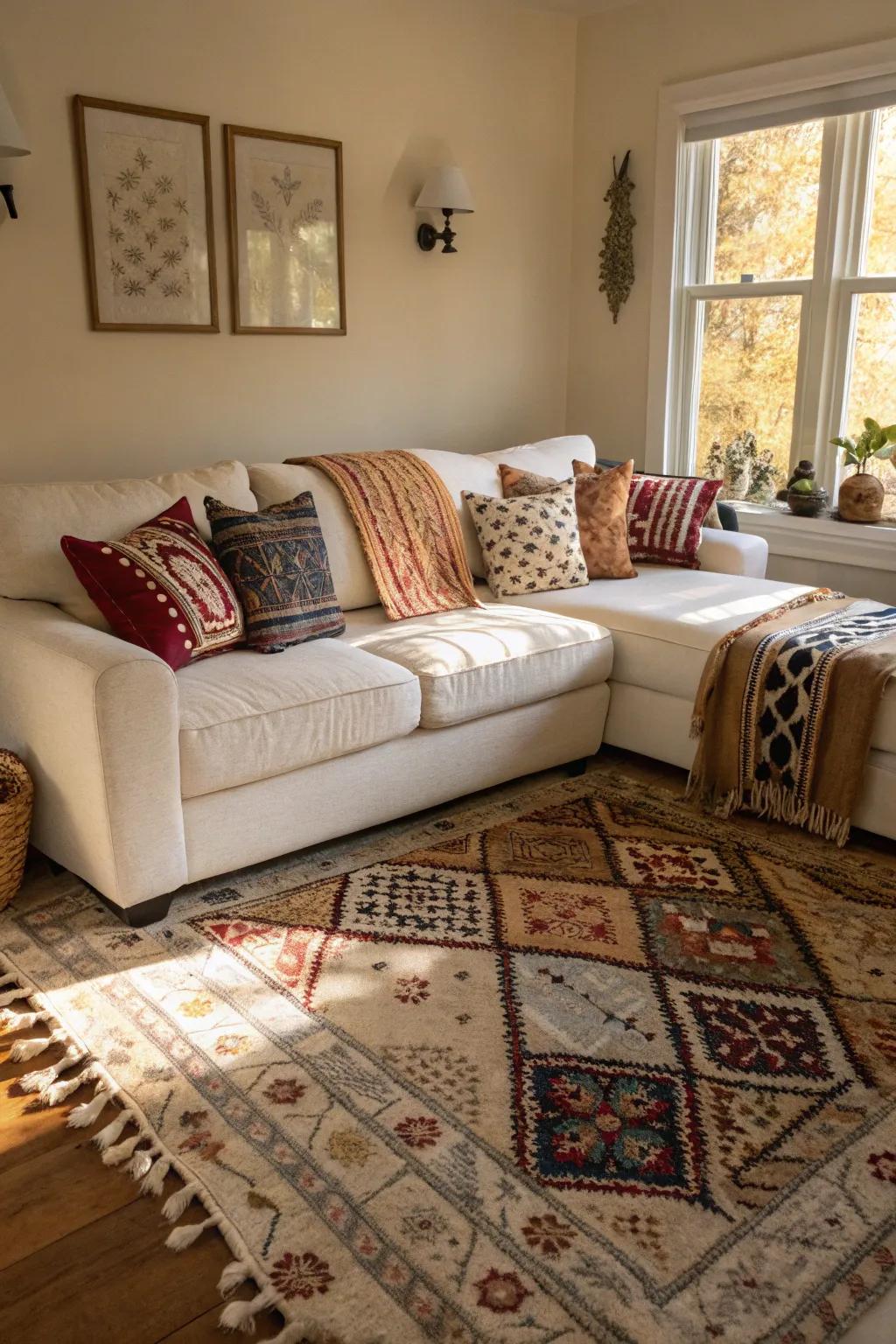 Patterned textiles introduce playfulness to a living room with a white sectional.