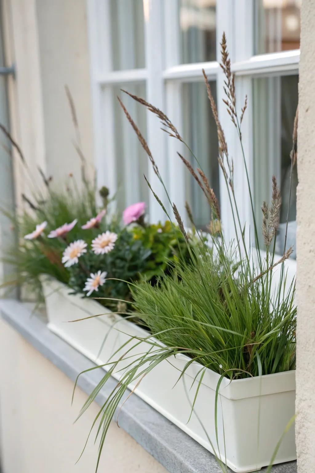 A sleek minimalist look with grasses and subtle blooms.