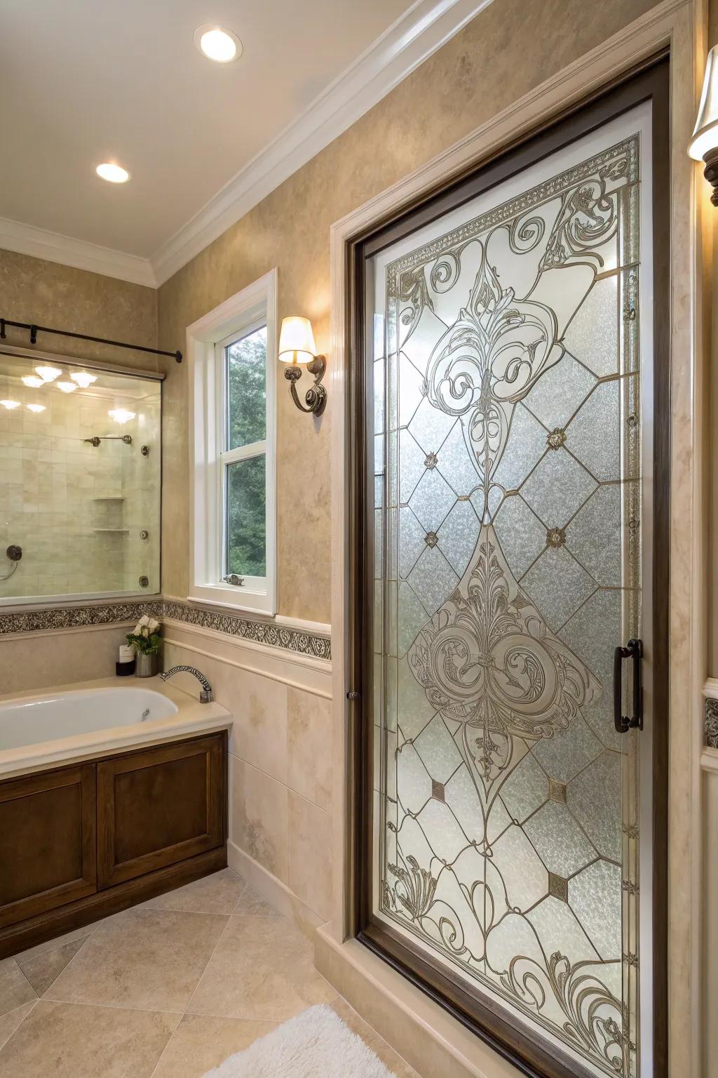 Etched glass adds privacy and artistic flair to the shower window.