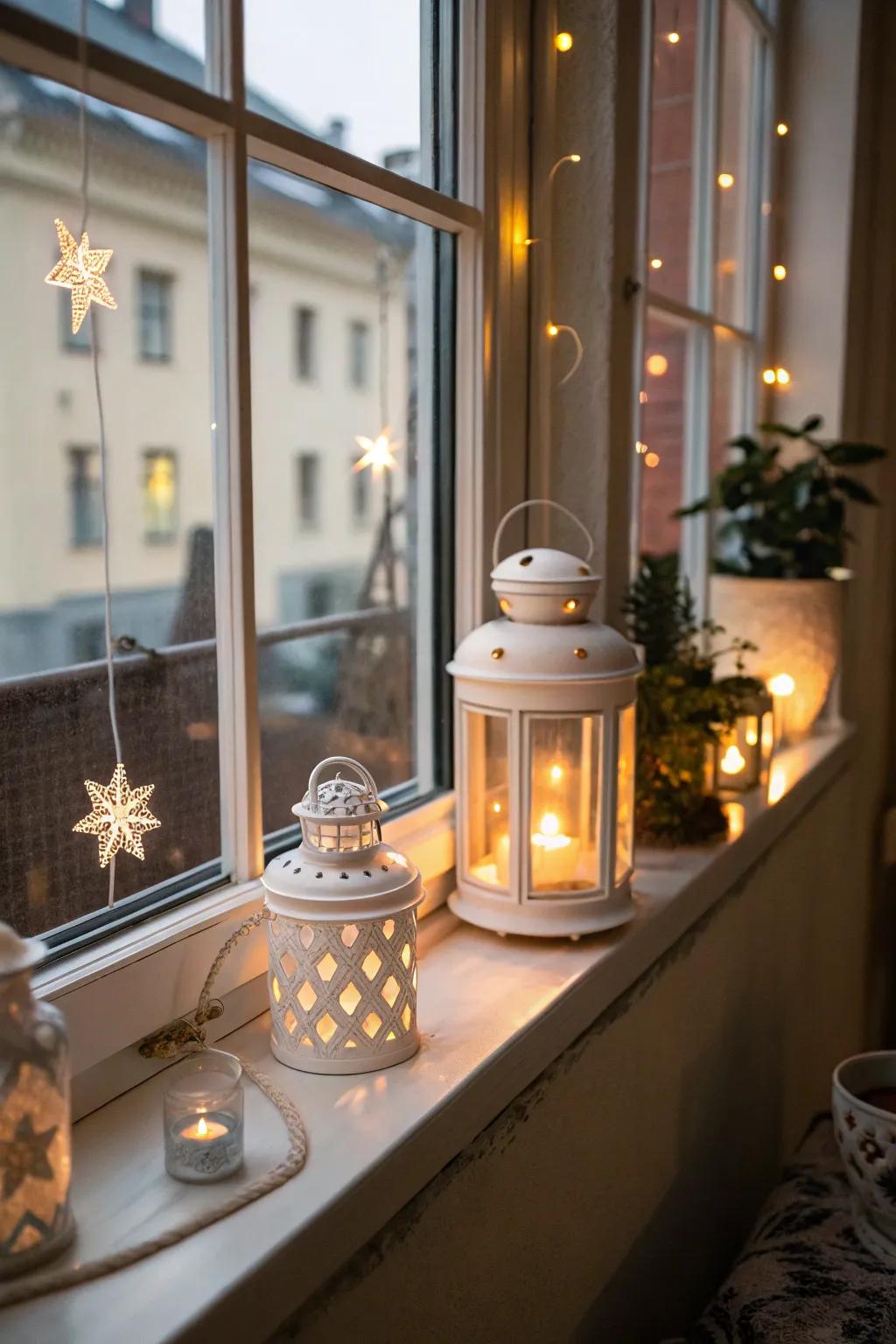 Whimsical lanterns create a magical atmosphere on this window sill.