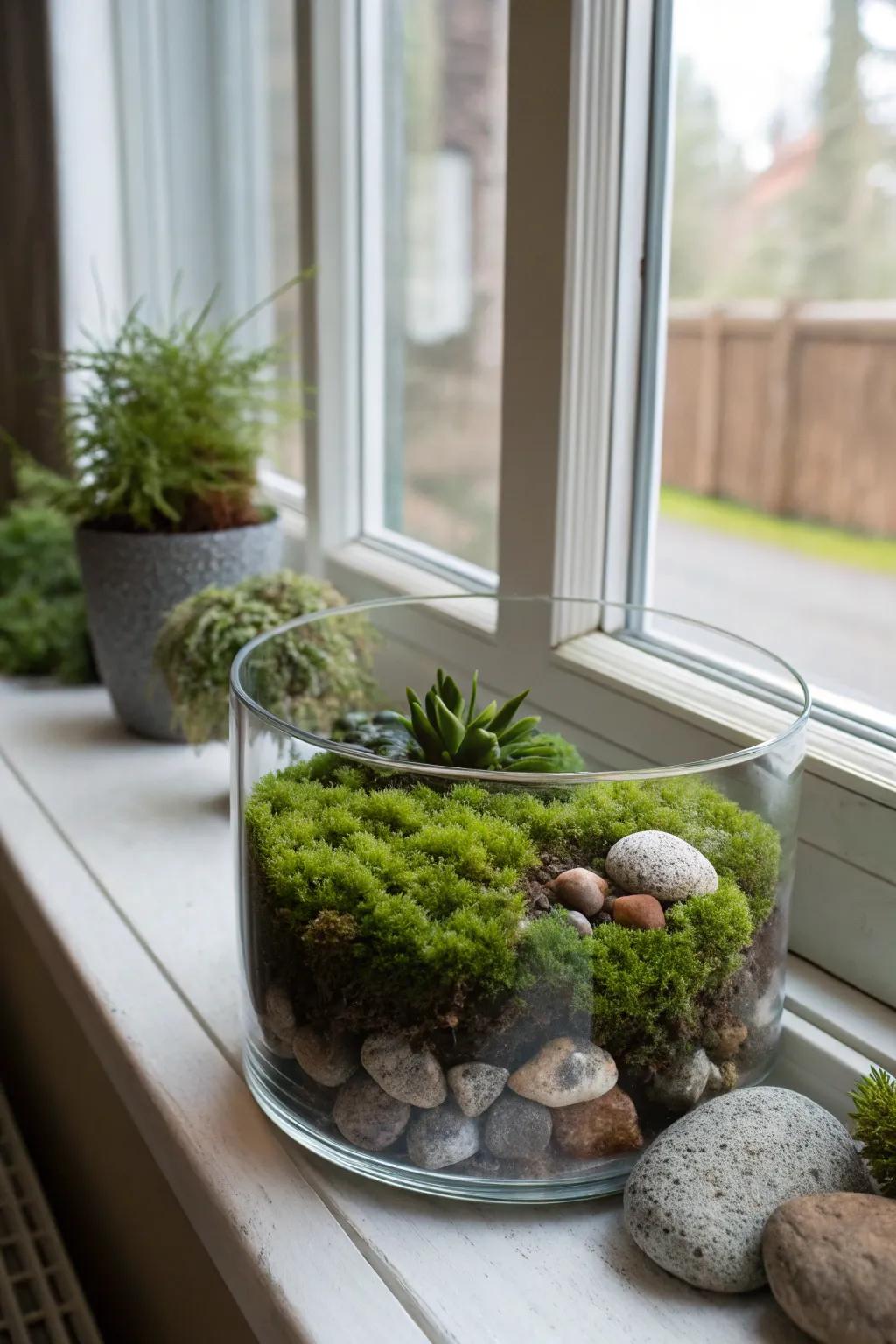 A terrarium offers a glimpse into a miniature world of greenery.