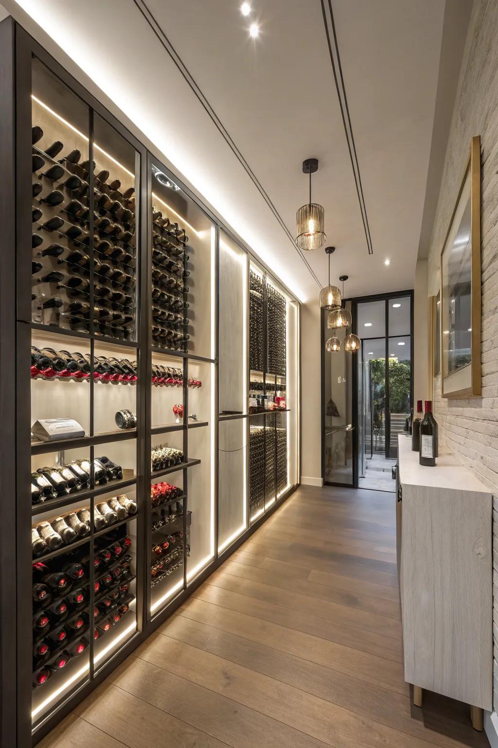 Contemporary wine cellar with floating wine wall design.