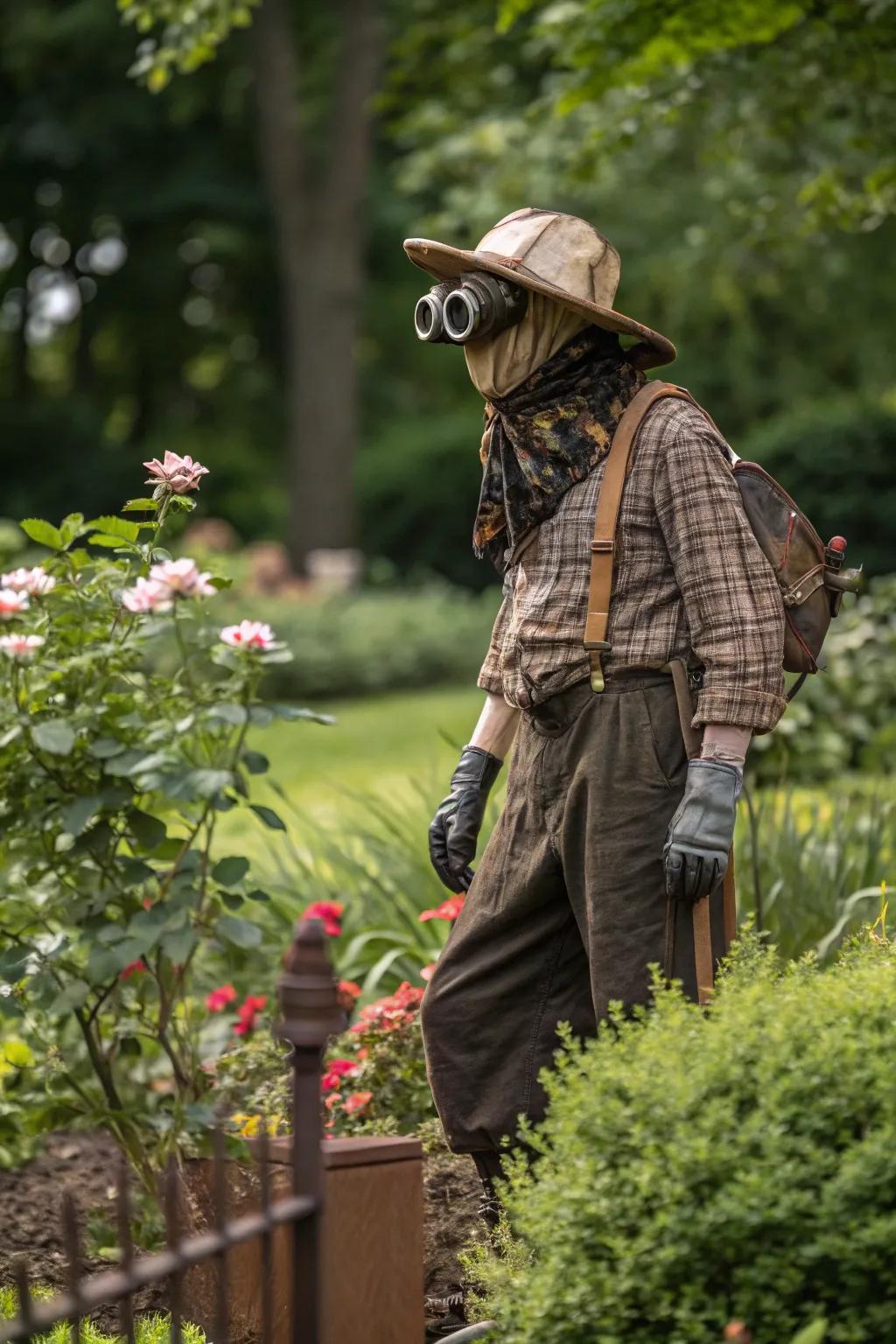 A time traveler scarecrow exploring eras.