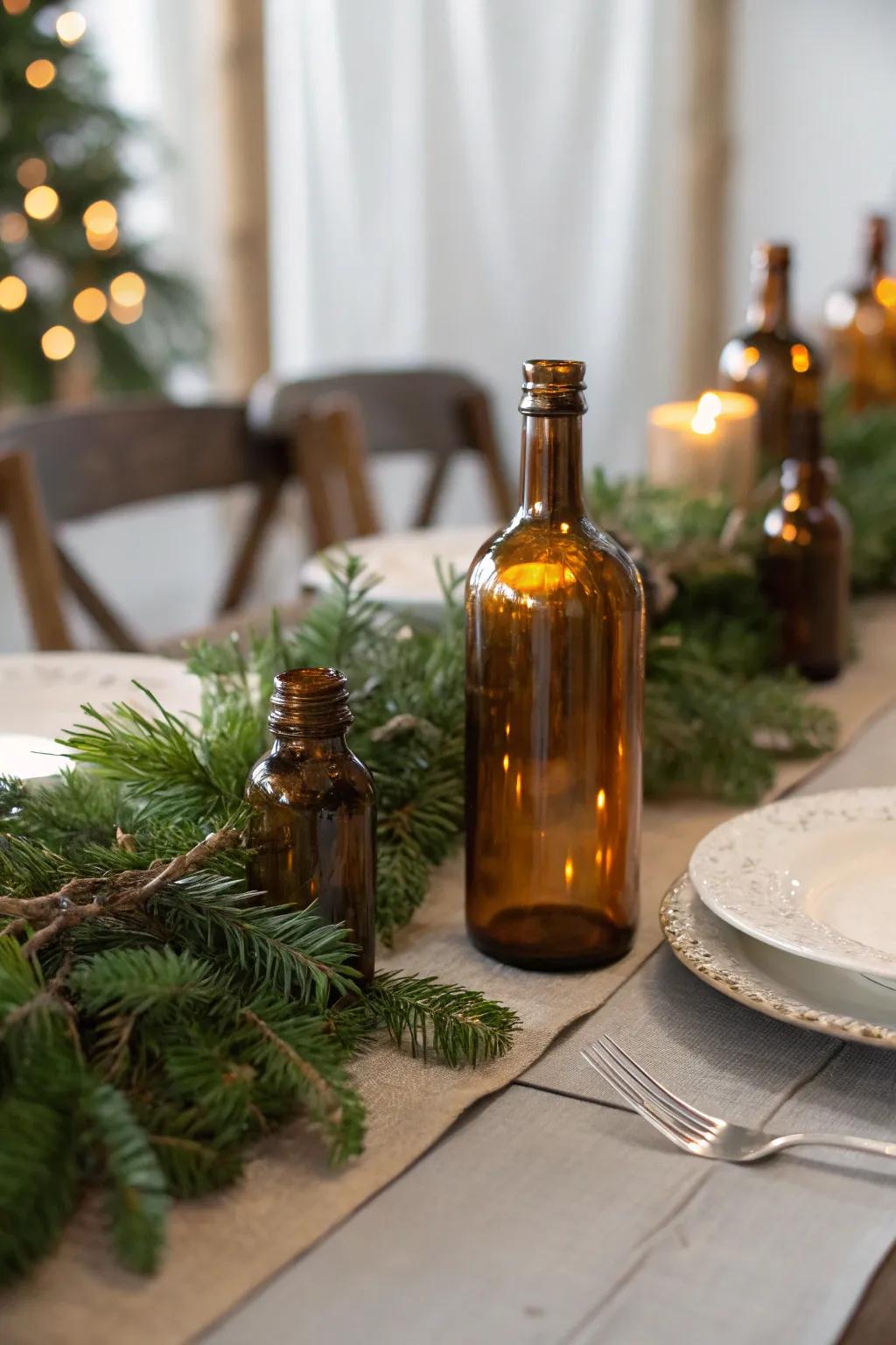 Vintage charm with amber glass bottles.