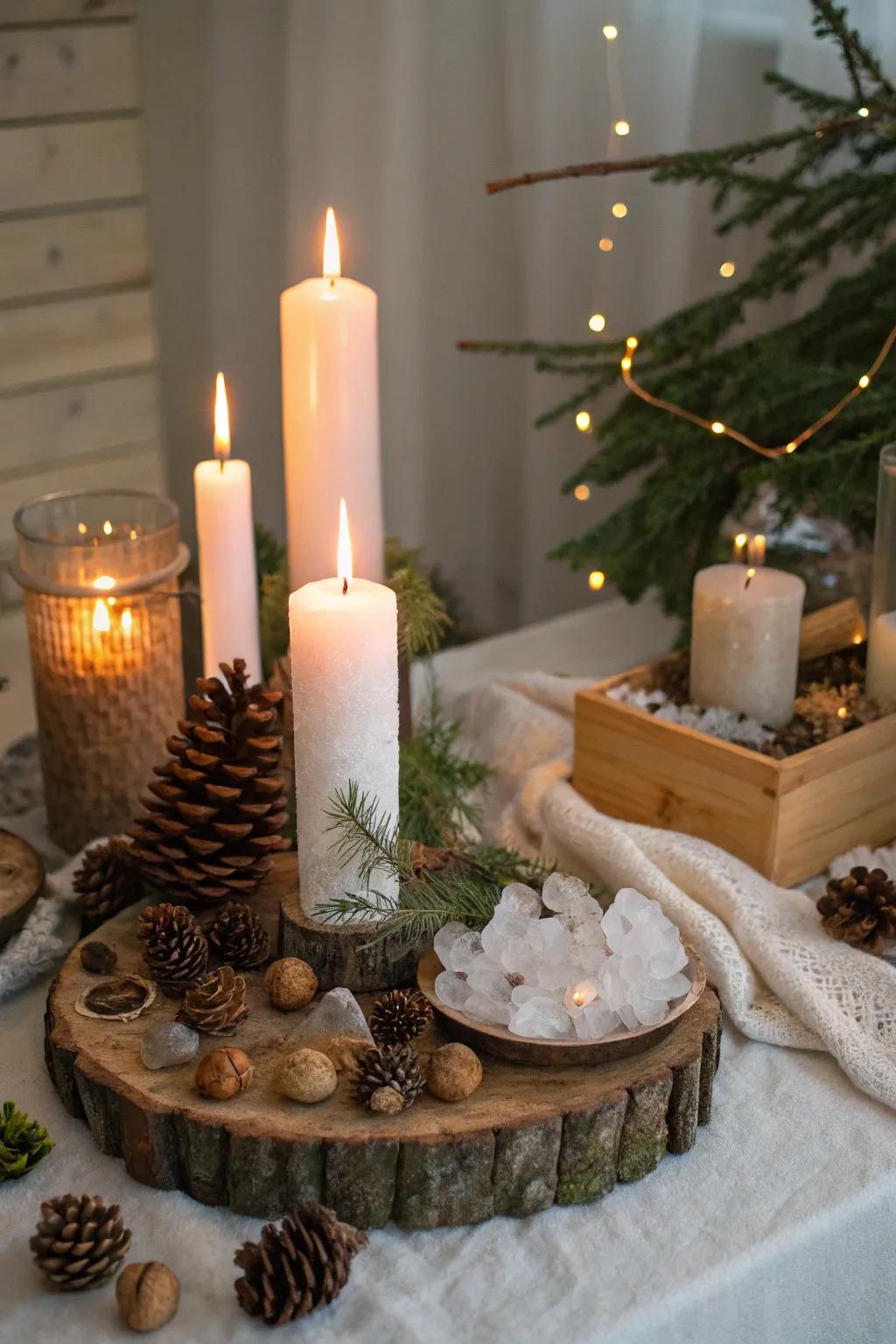 A serene winter solstice altar invites reflection and celebration.