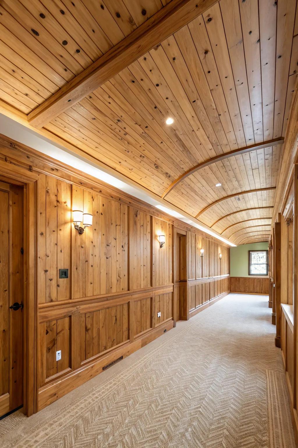 A room with a seamless flow of wood from wall to ceiling.