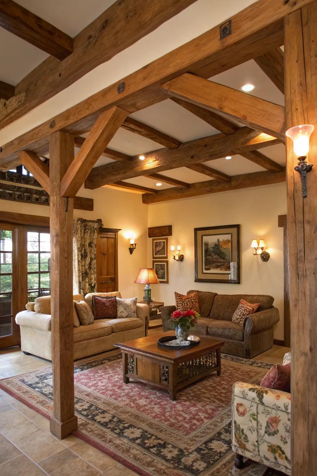 Defined living space with wood beams framing the room.