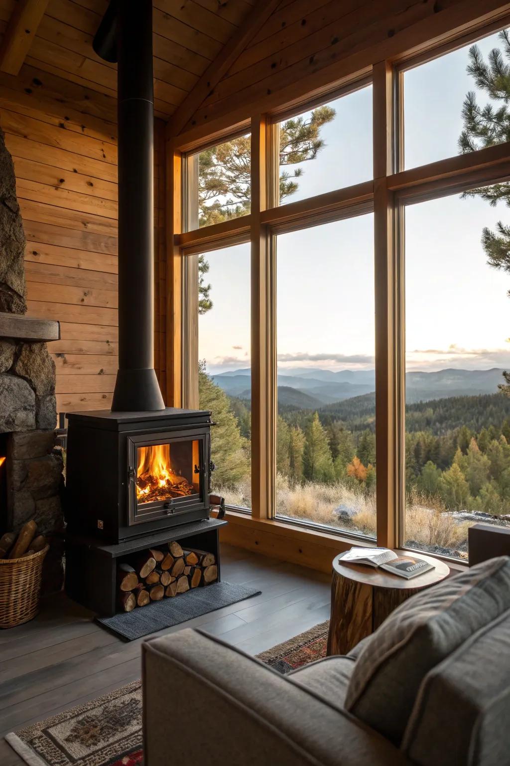 Enjoy both warmth and views with this fireplace setup.